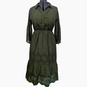 Elegant Olive Eyelet Midi Dress